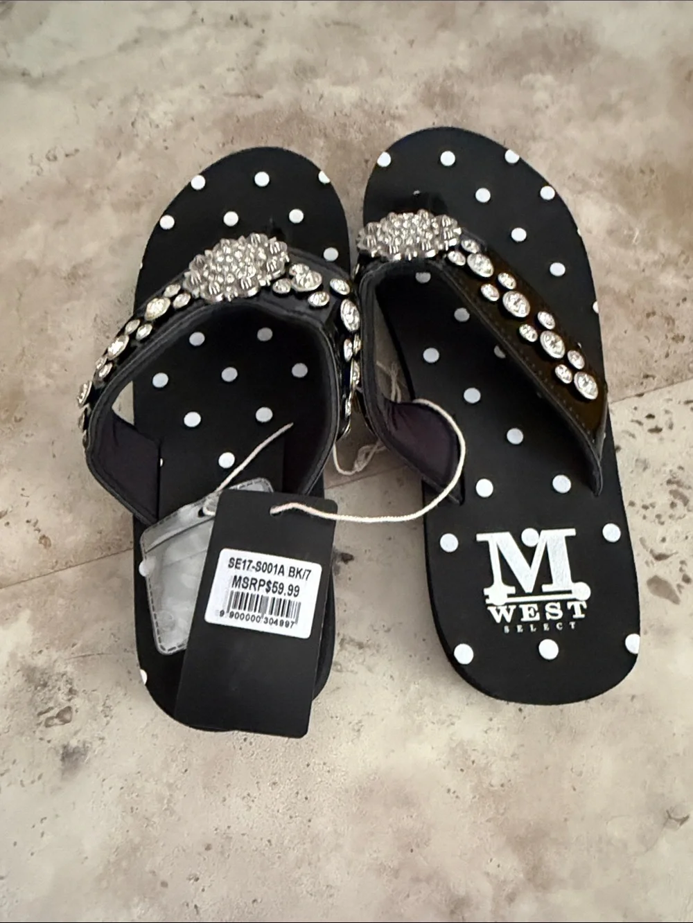 Montana West Women's Black Polka Dot Jeweled Flip Flop Sandals size 7